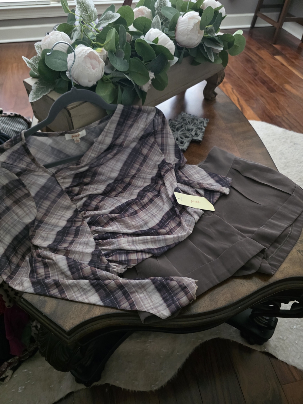 Plaid Ruched V-Neck Blouse in Mauve and Gray